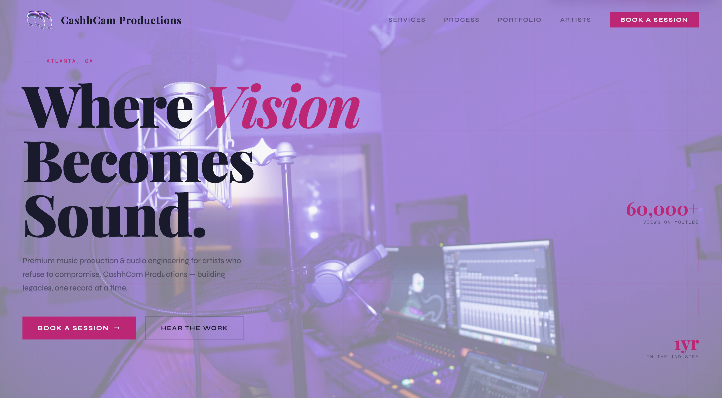 CashhCam Productions homepage hero section